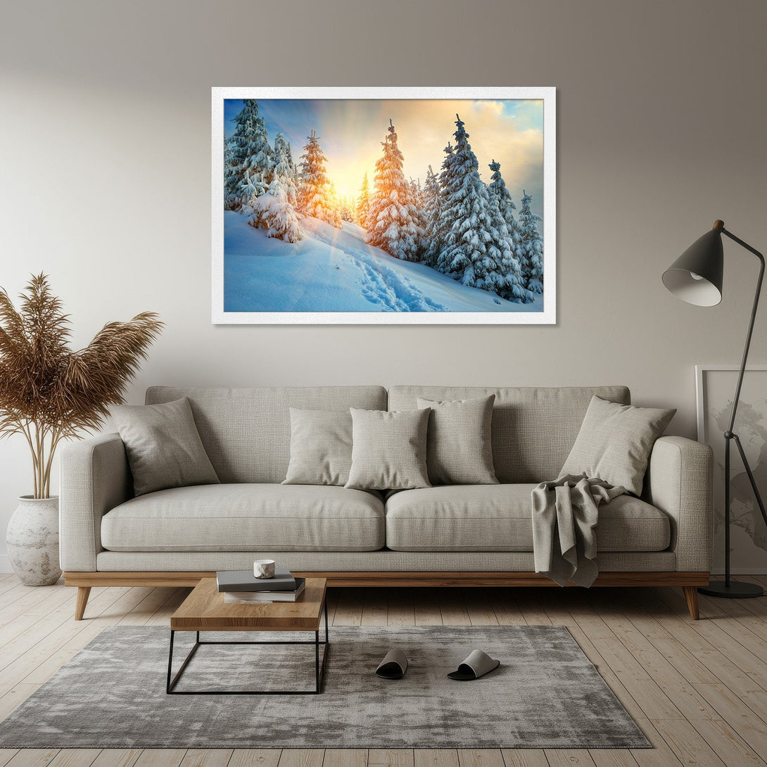 Framed Poster of snowy winter landscape with a warm color palette. Perfect wall art for your home!