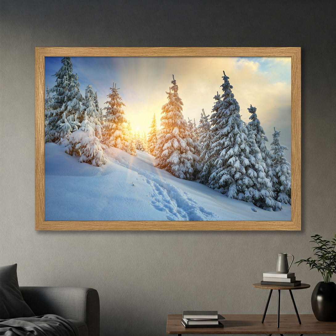 Framed Poster of a snowy winter forest scene with a warm, golden color palette. Perfect wall art!