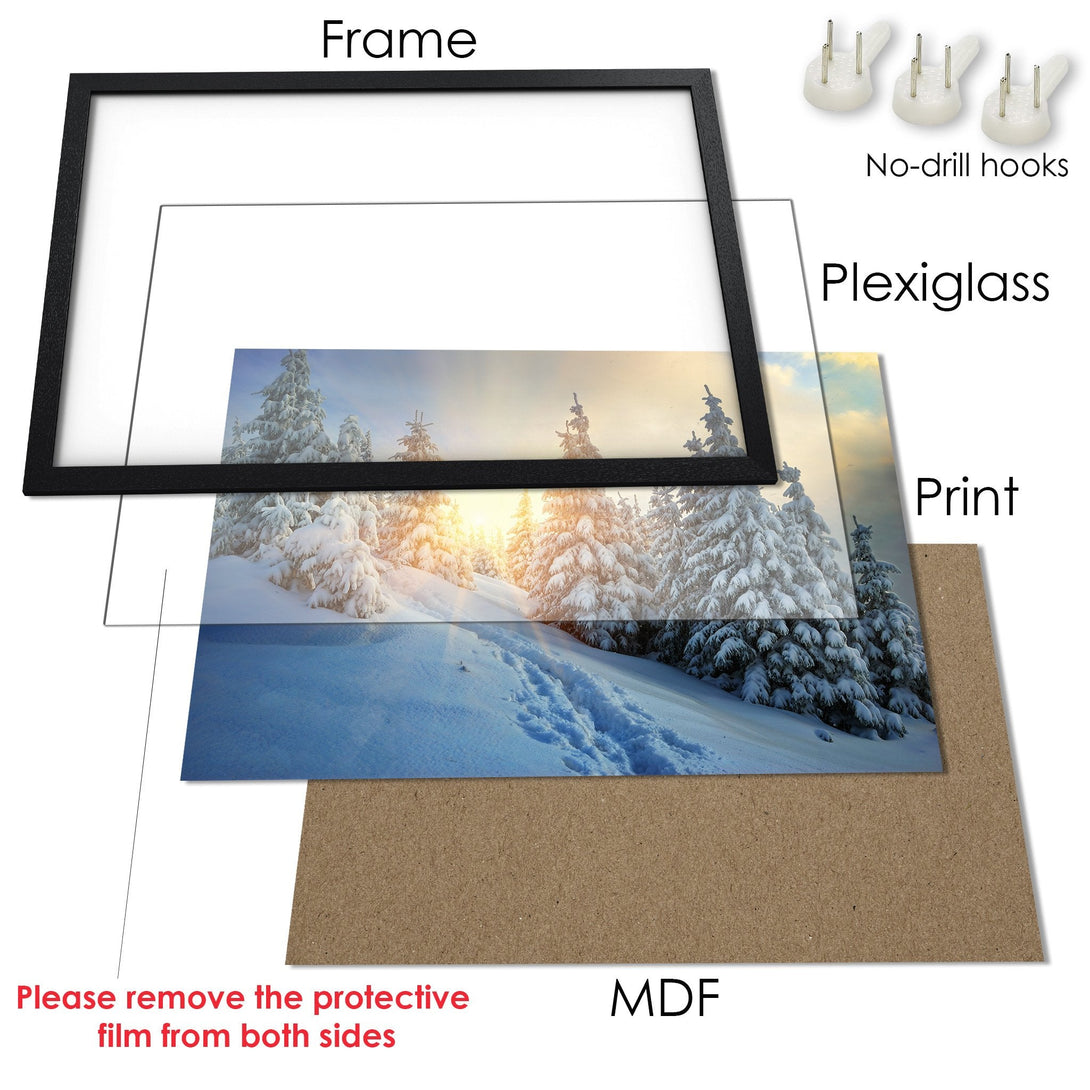 Framed Poster of a snowy forest scene. Nature-inspired art with a blue, white, and yellow color palette. Ready to hang.
