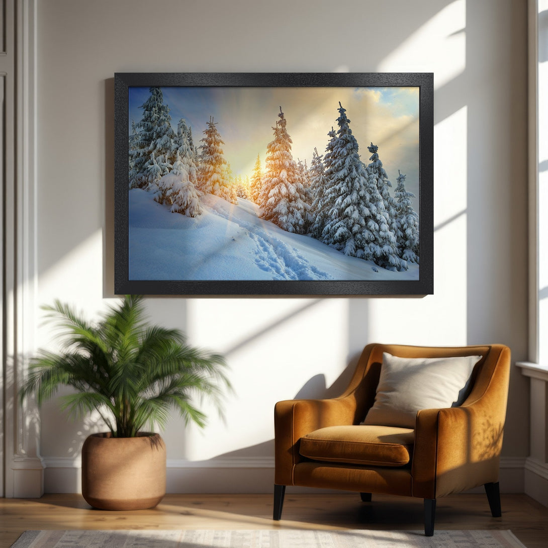 Framed Poster featuring a winter forest scene with snow-covered trees, warm sunlight, and a cool blue and white color palette. Perfect wall art!