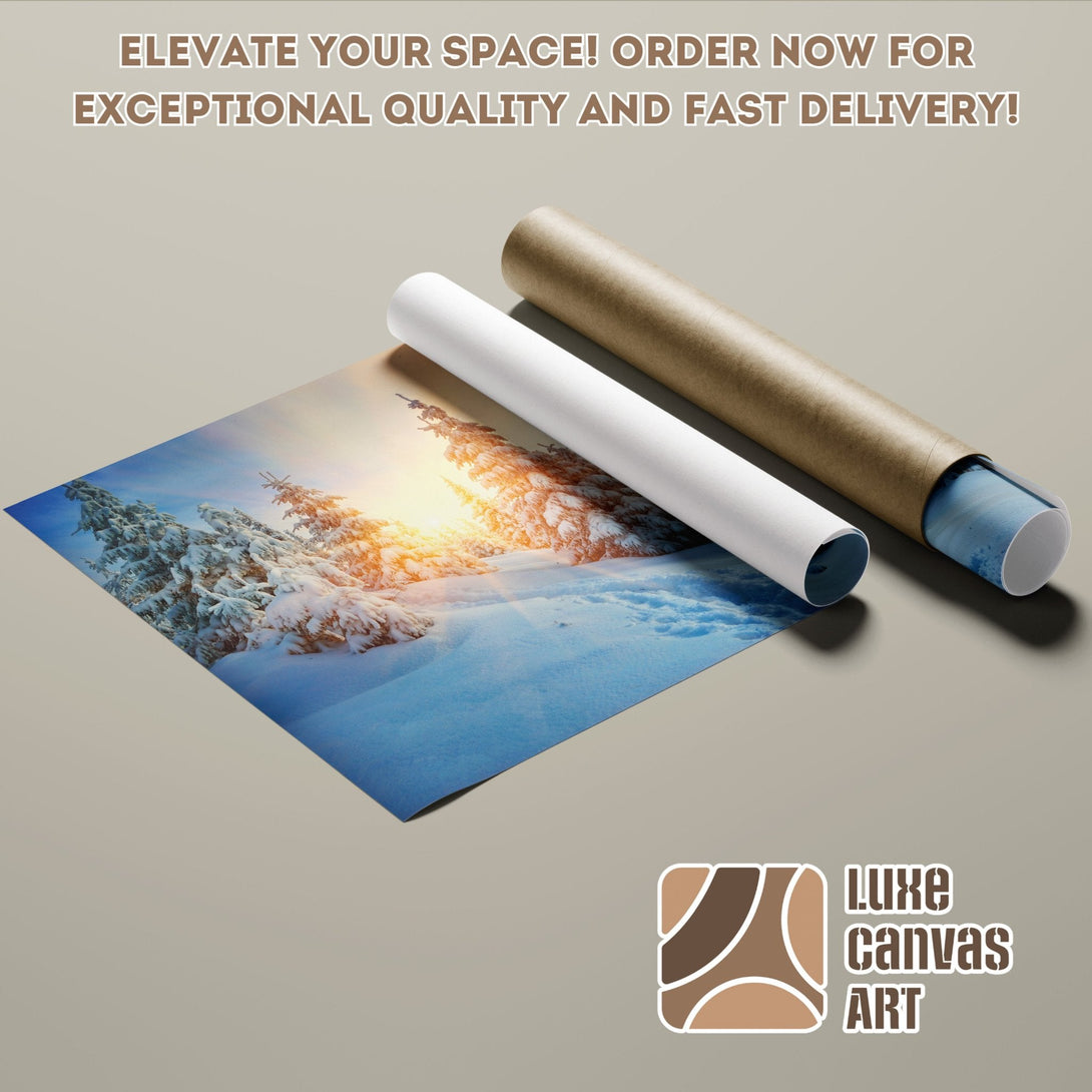 Winter landscape Poster Roll, featuring snowy trees and a blue/orange color palette. Order now!
