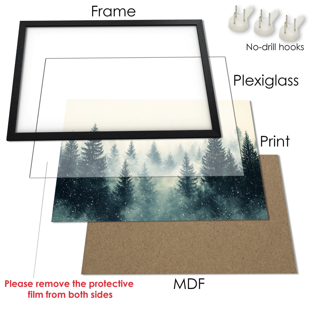 Framed Poster featuring a misty forest scene in a teal and cream color palette. Perfect wall art for any space!