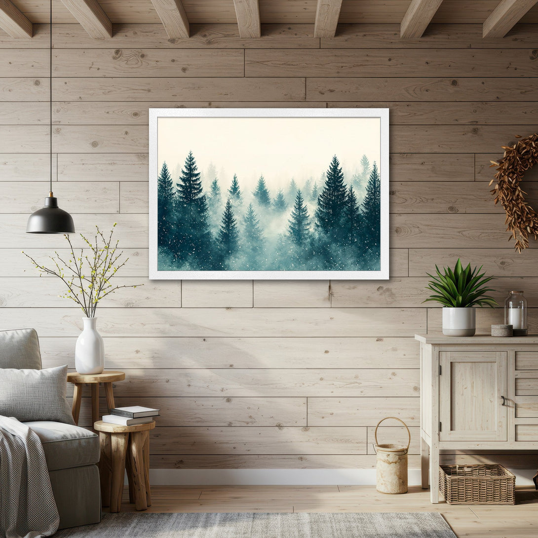 Framed Poster of misty forest scene, featuring a teal and beige color palette, perfect for home decor.
