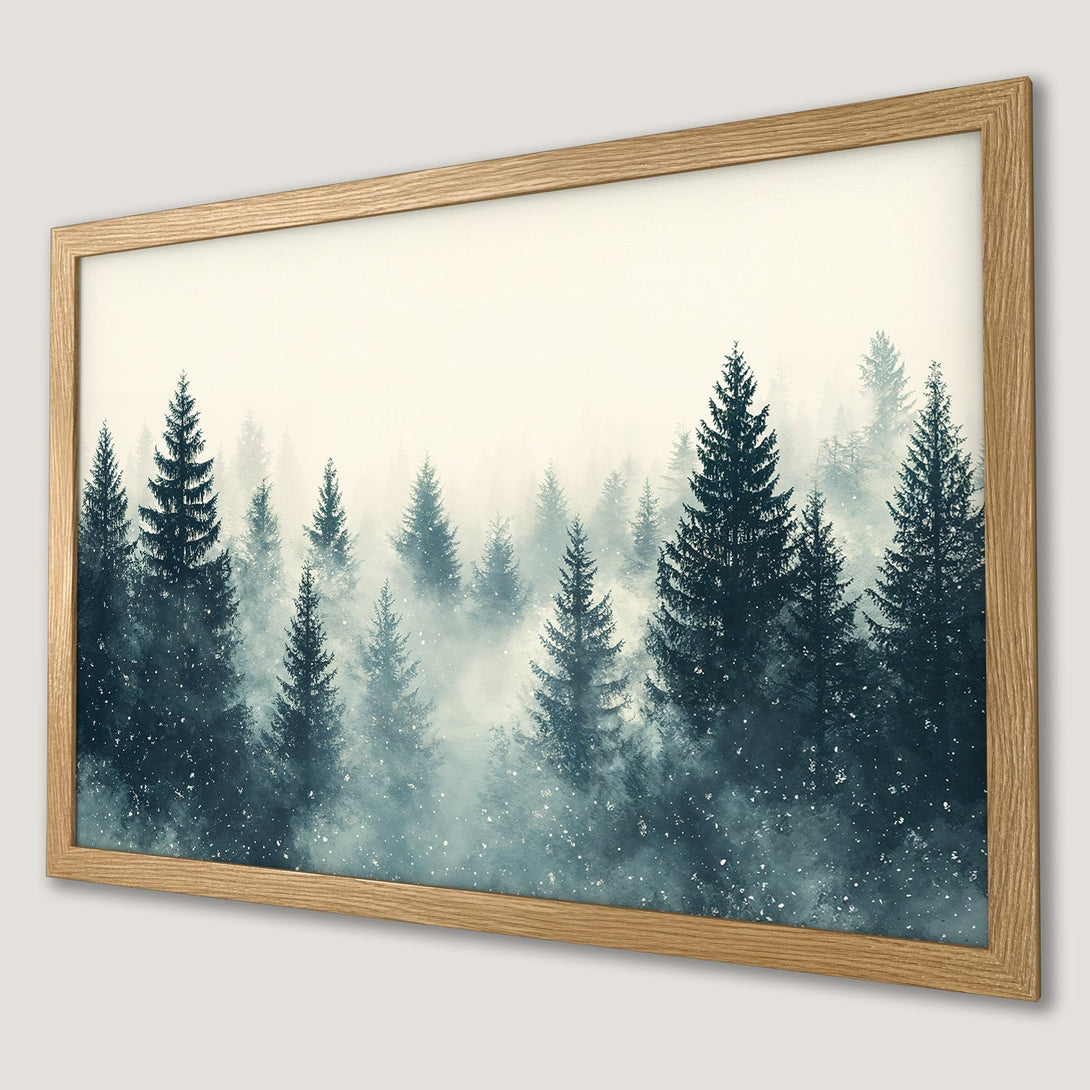Framed Poster featuring a serene forest scene in teal and cream tones. Bring nature's beauty indoors with this stunning art print.