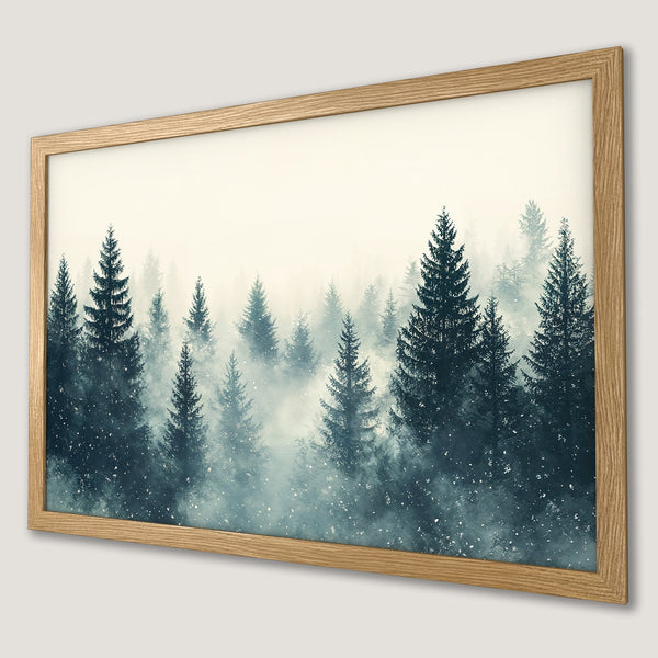 Framed Poster featuring a serene forest scene in teal and cream tones. Bring nature's beauty indoors with this stunning art print.
