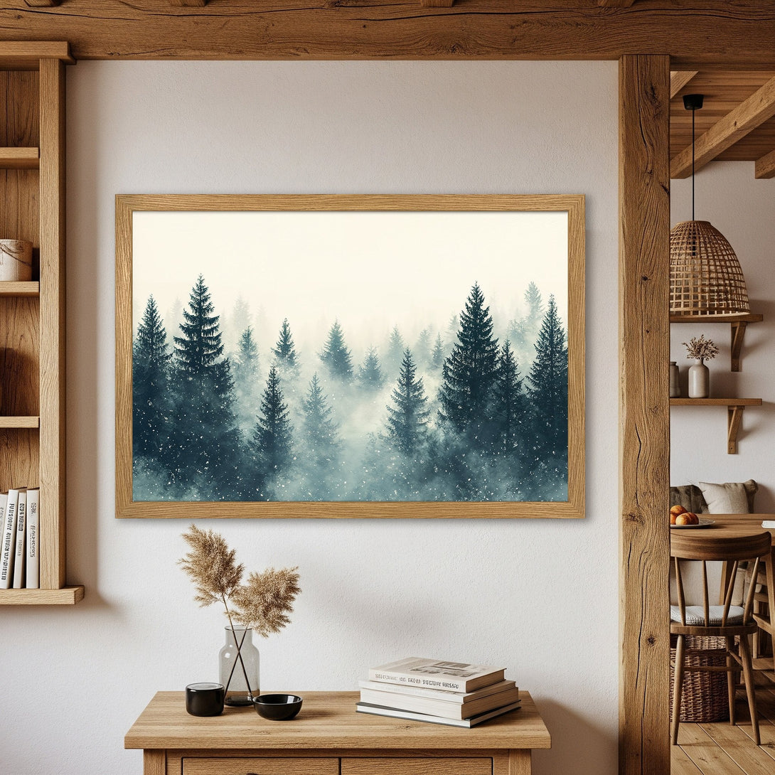 Framed Poster featuring a misty forest scene in teal and beige tones. Perfect for adding a touch of nature-inspired art to your home.