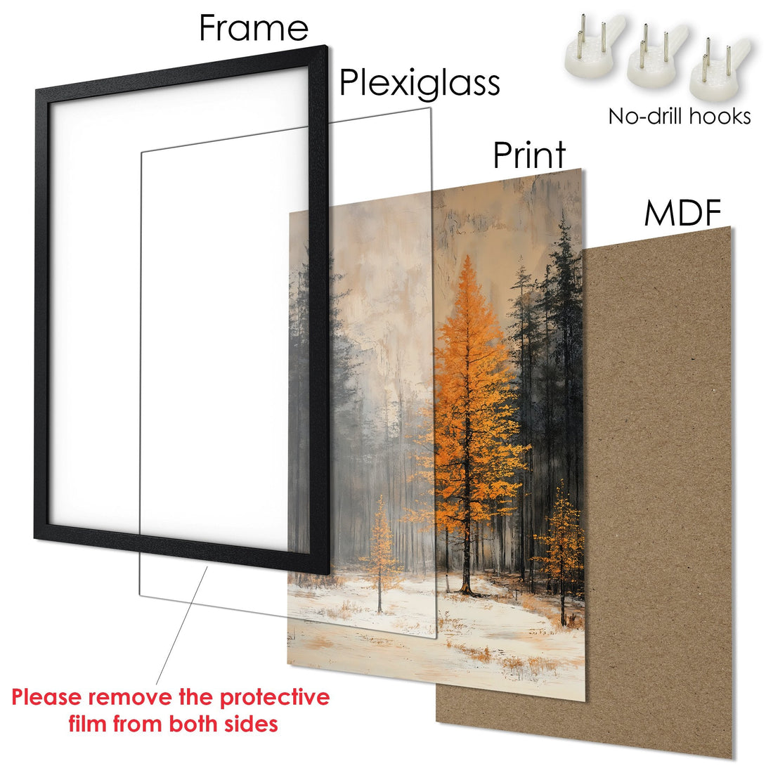 Framed Poster featuring an autumn forest scene in a warm, neutral color palette. Perfect wall art for your home!