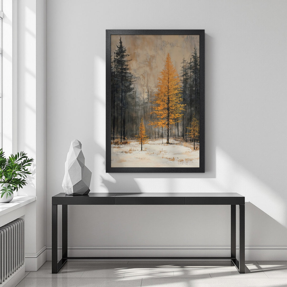 Framed Poster featuring a forest scene with gold and black trees, in a neutral color palette. Perfect wall art for your home!