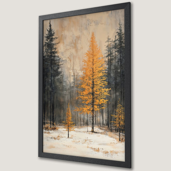 Framed Poster of a forest scene with a vibrant yellow tree, painted in a textured style with a muted color palette. Perfect wall art!