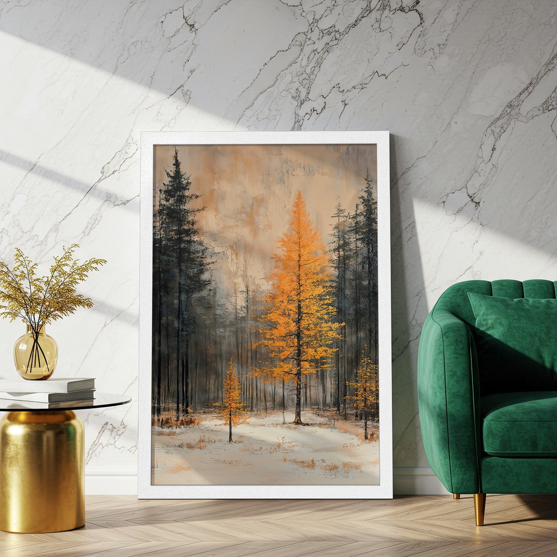 Framed Poster featuring an abstract forest scene with orange and black trees, warm color palette, perfect wall art.