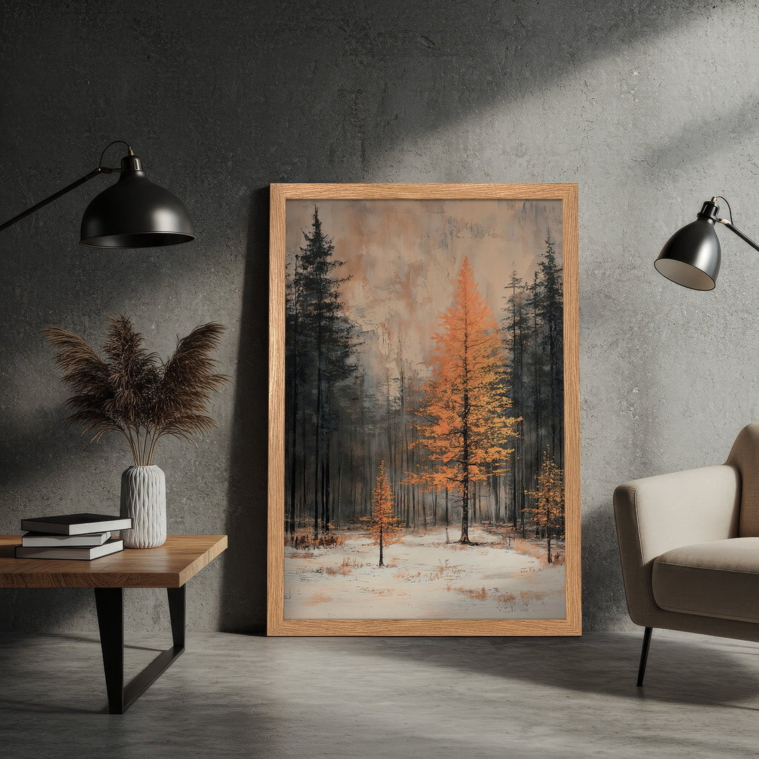 Framed Poster featuring a forest scene in warm orange and gray tones. Perfect wall art for a cozy, modern aesthetic.