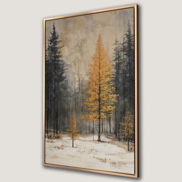 Framed Wall Art: Serene forest scene with golden trees and muted tones. Perfect for adding a touch of nature and warmth to your home decor. Shop now!
