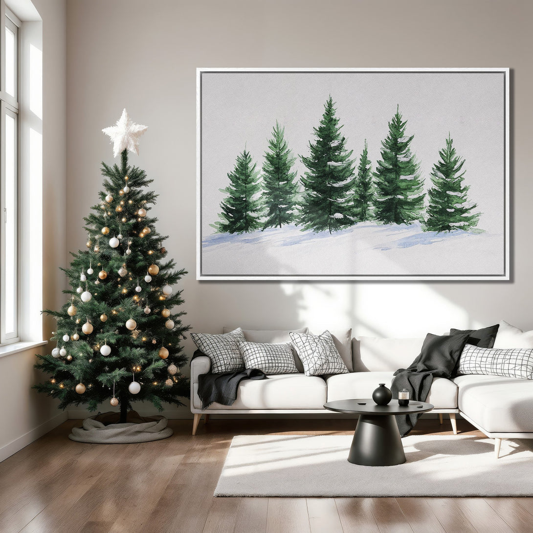 Framed Wall Art featuring a watercolor painting of evergreen trees in a snowy landscape. Green and white color palette, perfect for winter decor.