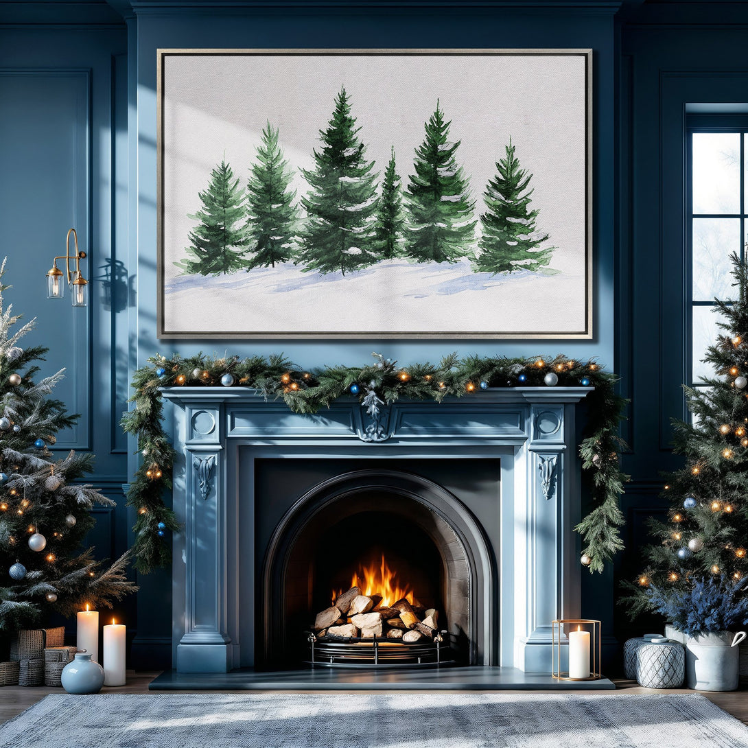 Framed Wall Art featuring watercolor evergreen trees. Adds a touch of nature to your space. Blue and green color palette, perfect for holiday decor.