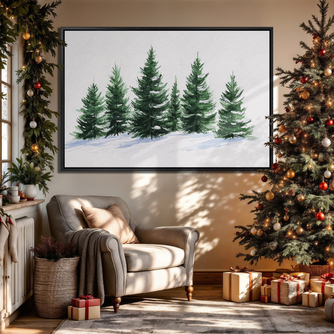 Framed Wall Art featuring watercolor evergreen trees in a cozy interior. Green and white color palette, perfect for holiday decor!