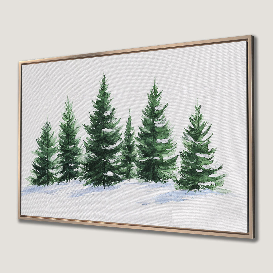 Framed Wall Art: Watercolor evergreen trees in a winter landscape. Green and white color palette, perfect for a cozy, nature-inspired home.