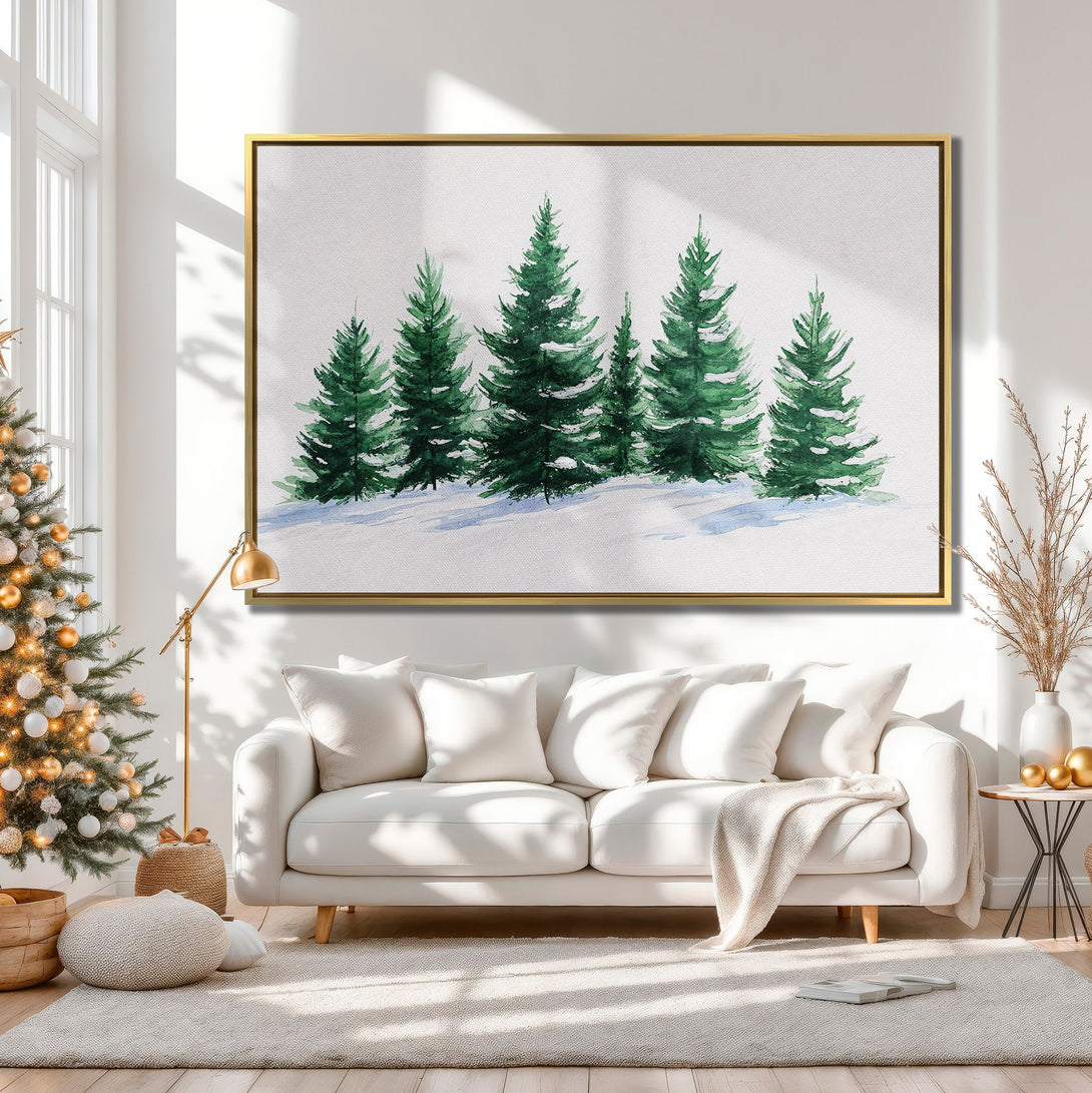 Canvas Print of watercolor evergreen trees in a neutral interior. Green, white, and beige color palette. Perfect for adding a touch of nature.