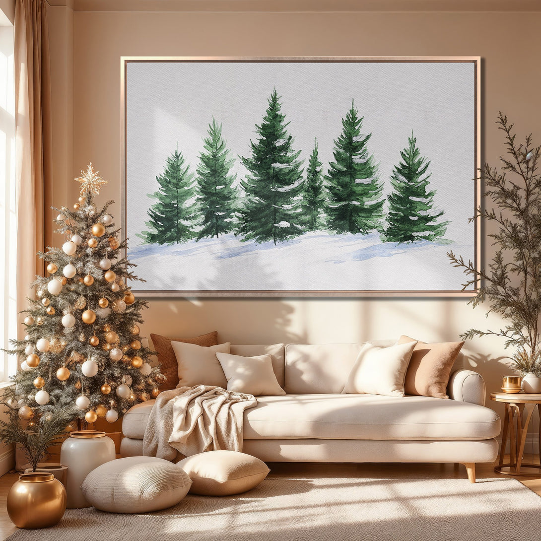 Framed Wall Art: Watercolor evergreen trees in a cozy interior. Neutral color palette with pops of green. Perfect for adding a touch of nature to your space.
