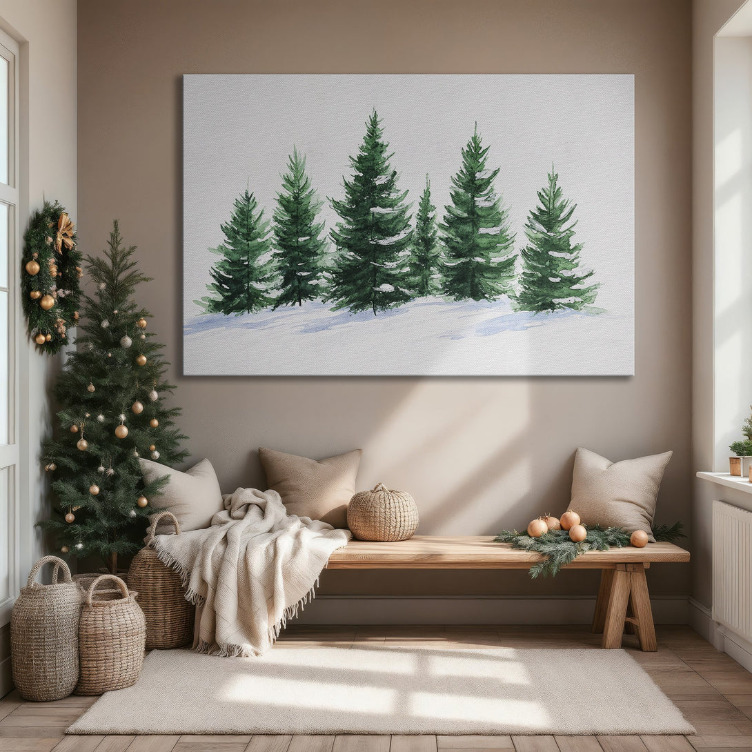 Framed Wall Art featuring watercolor evergreen trees in a winter scene. Green and white color palette, perfect for adding a touch of nature to your home decor.