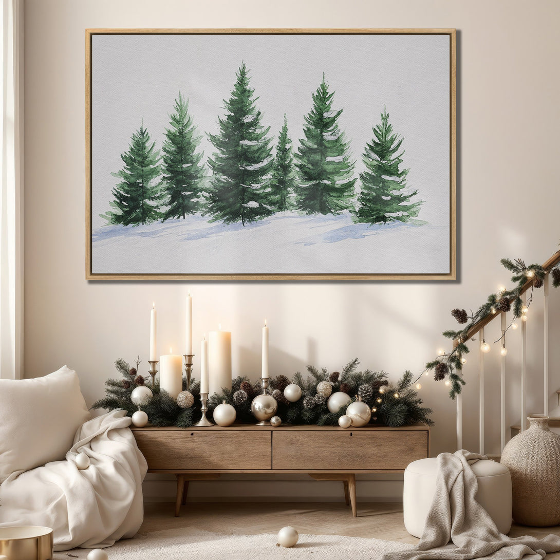 Framed Wall Art featuring watercolor evergreen trees. A serene, nature-inspired Canvas Print with a green and white color palette, perfect for adding a touch of calm.