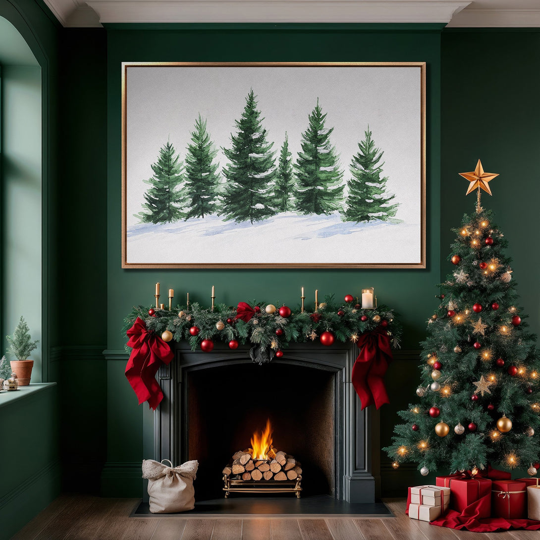 Framed Wall Art featuring watercolor evergreen trees in a cozy, Christmas-themed interior. Green and red color palette, perfect for holiday decor.