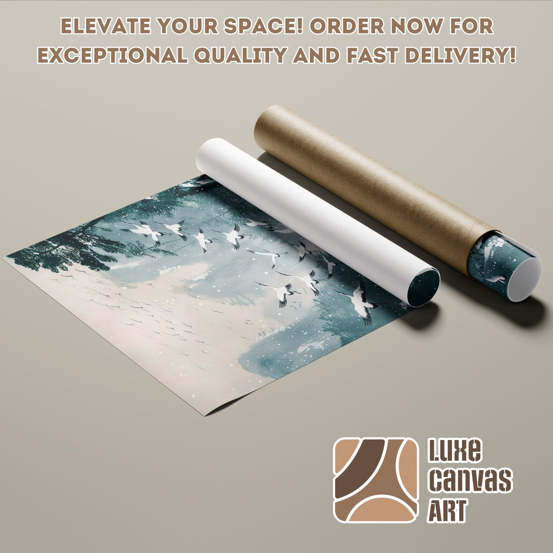 Poster Roll featuring a serene crane art print in a muted blue and beige color palette. Elevate your space today!