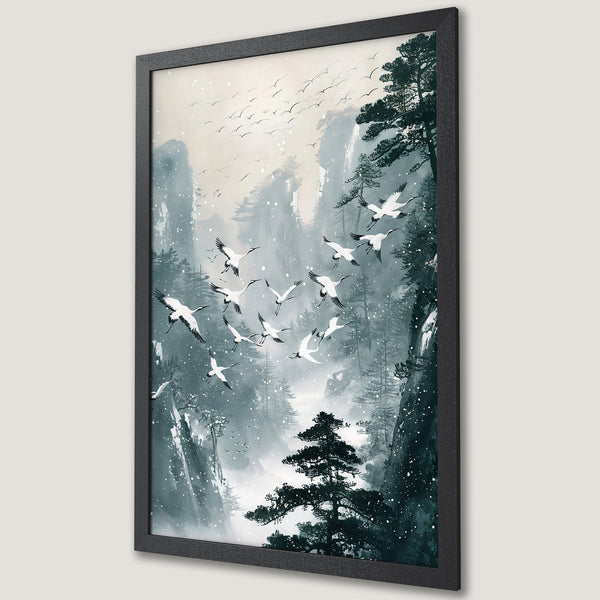 Framed Poster featuring a serene Asian landscape with cranes, in a muted blue and white color palette. Perfect wall art!