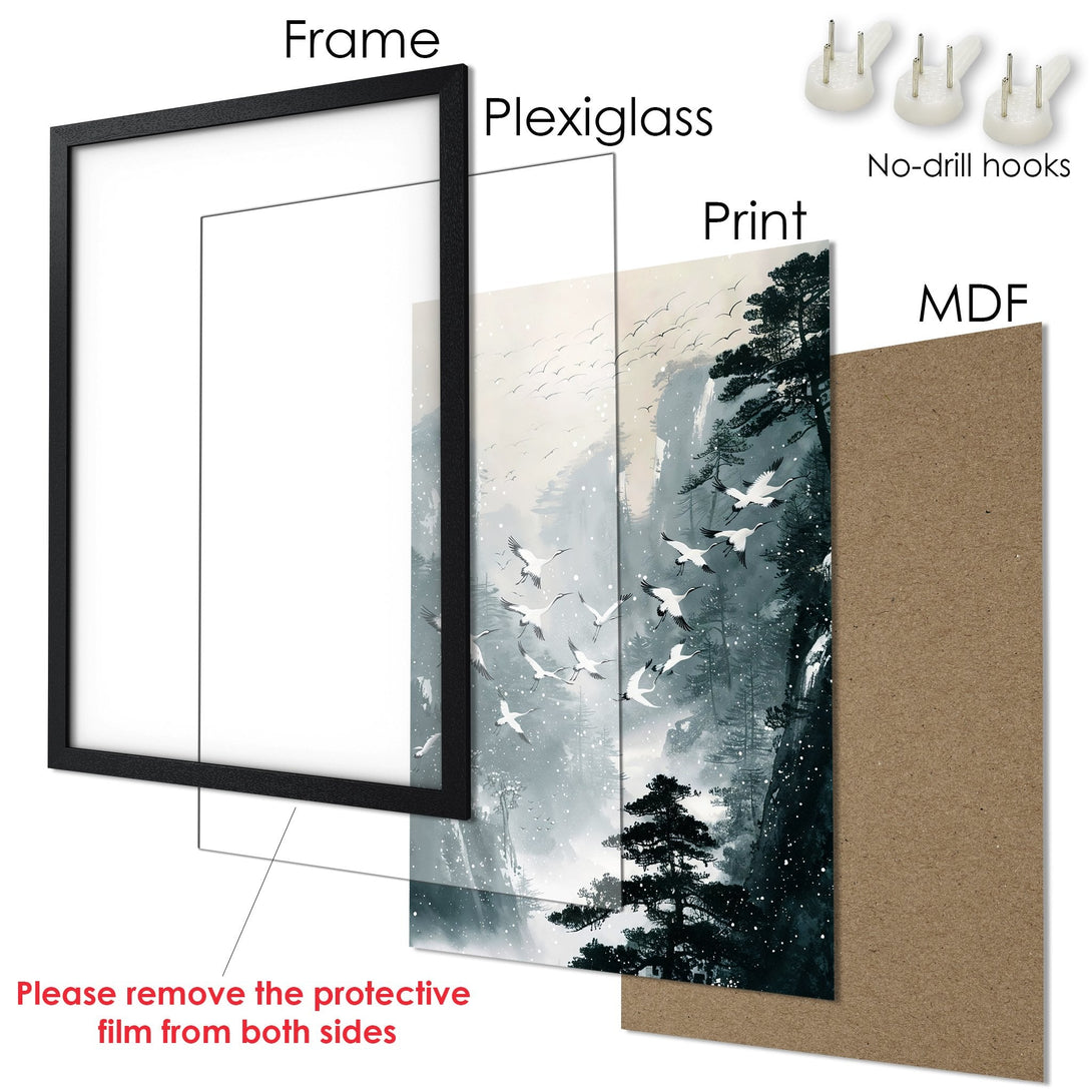 Framed Poster featuring a serene landscape with cranes, in a muted blue and gray color palette. Perfect wall art for your home!