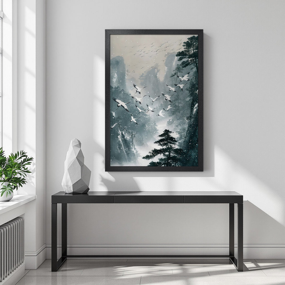 Framed Poster featuring a serene mountain landscape with cranes, in a calming blue and gray color palette, perfect for home decor.