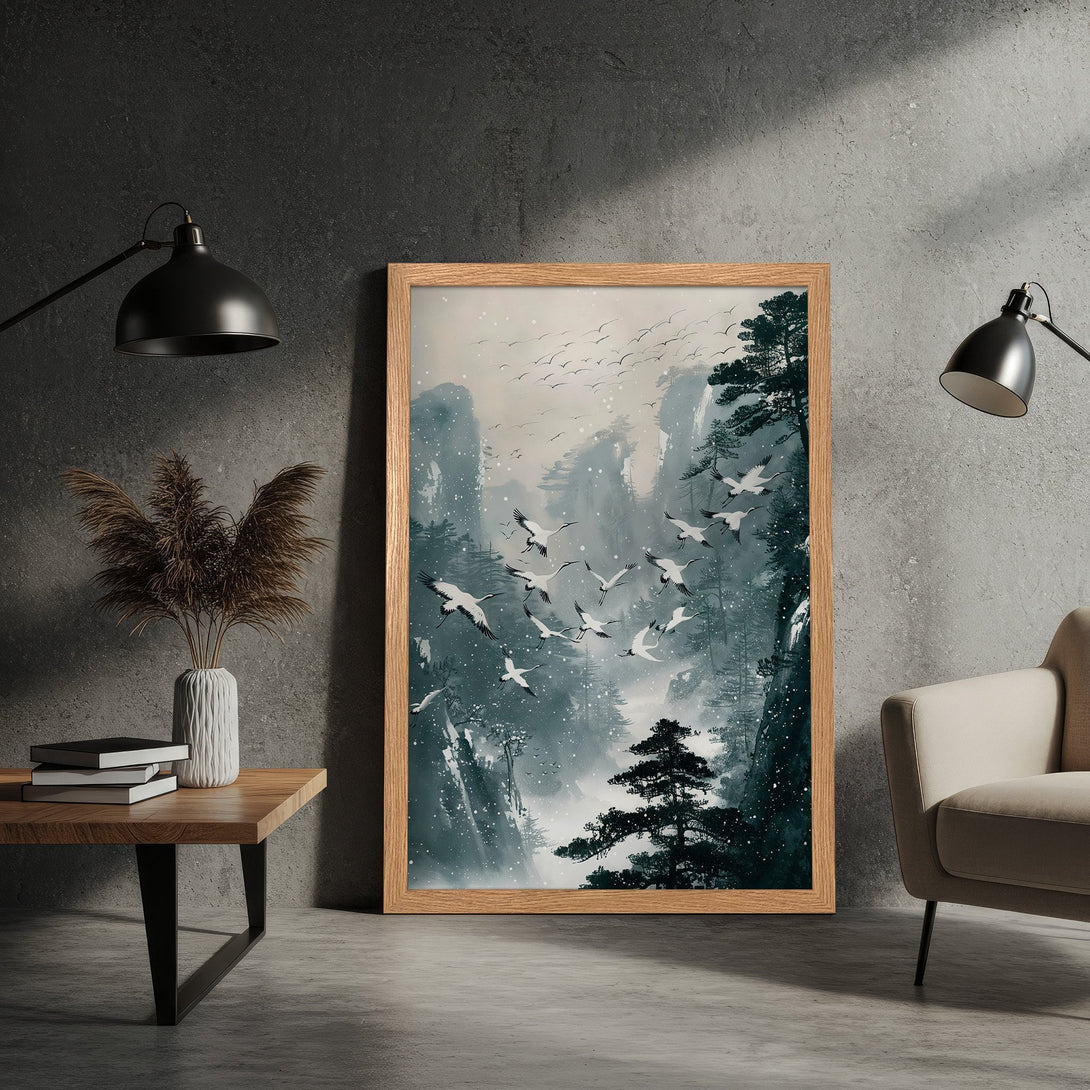Framed Poster featuring a serene mountain landscape with cranes, in a minimalist style with a muted blue and gray color palette. Perfect wall art!