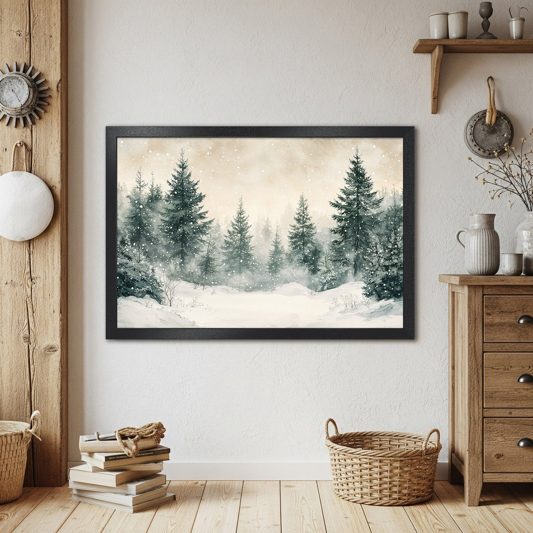 Framed Poster featuring a serene winter forest scene in watercolor style with a muted green and beige color palette. Perfect wall art!