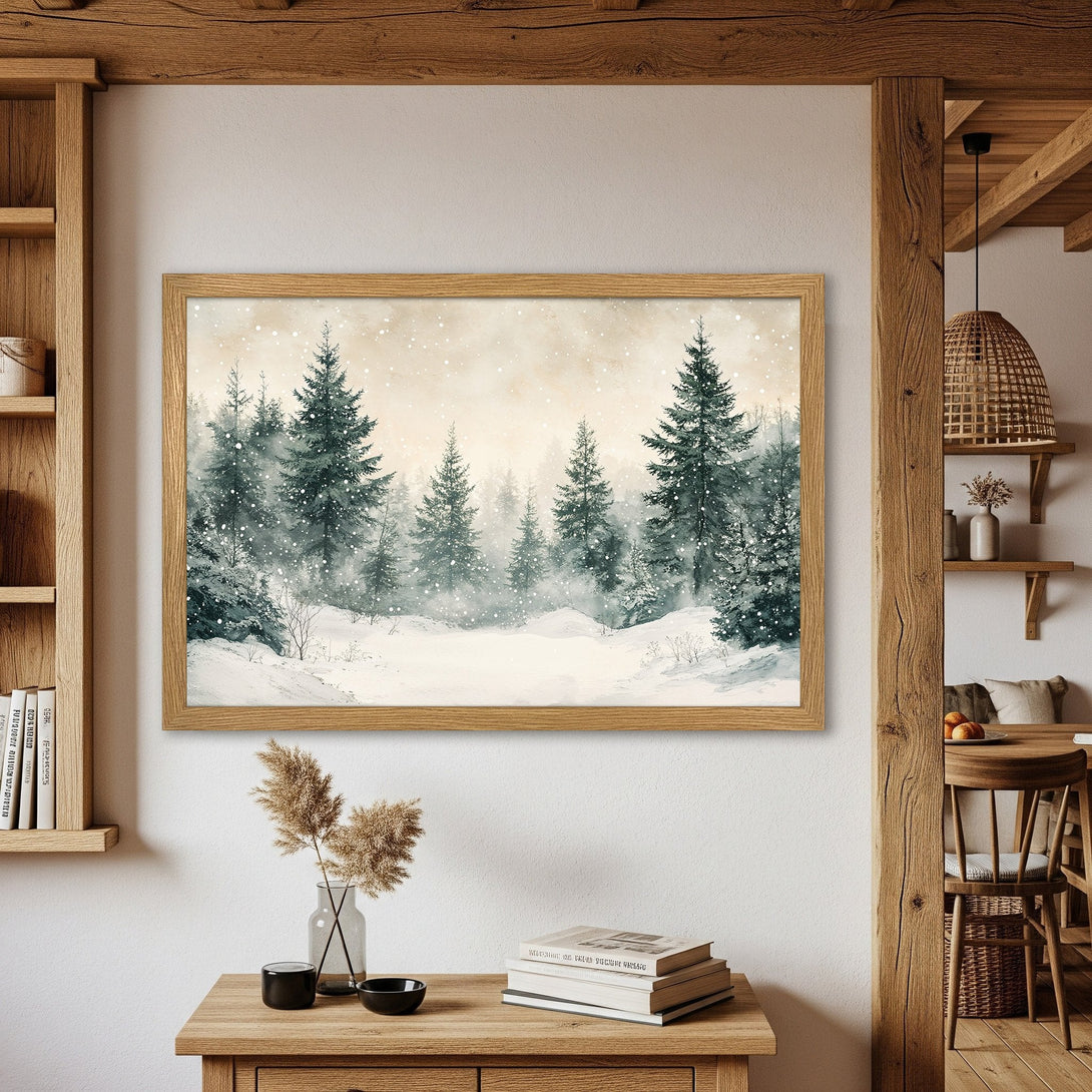 Framed Poster featuring a serene winter forest scene in watercolor style with a muted blue and beige color palette. Perfect wall art!