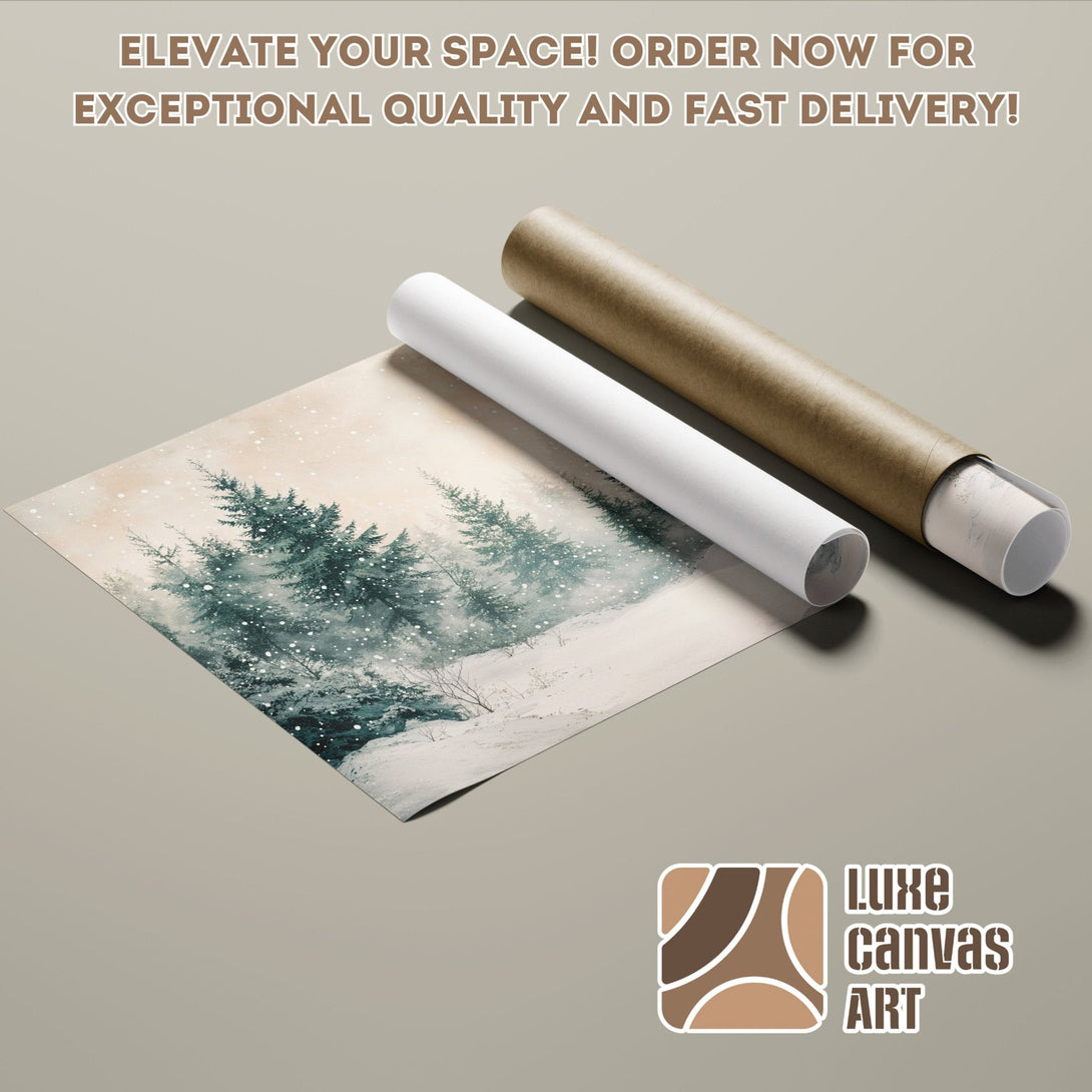Winter landscape poster roll. Watercolor style art in teal, beige, and brown tones. Elevate your space with Luxe Canvas Art!