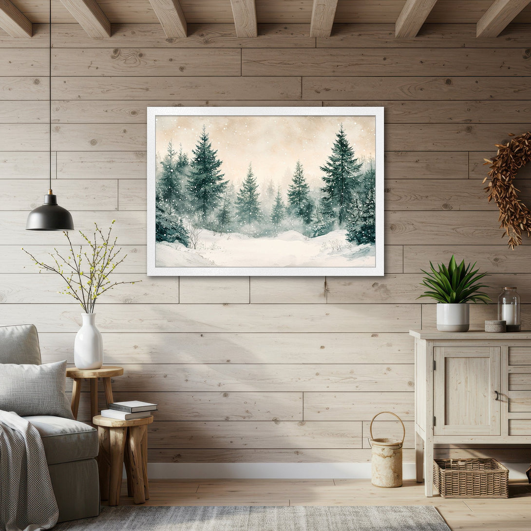 Framed Poster featuring a serene winter forest scene in watercolor style with a muted teal and beige color palette. Perfect for cozy decor!
