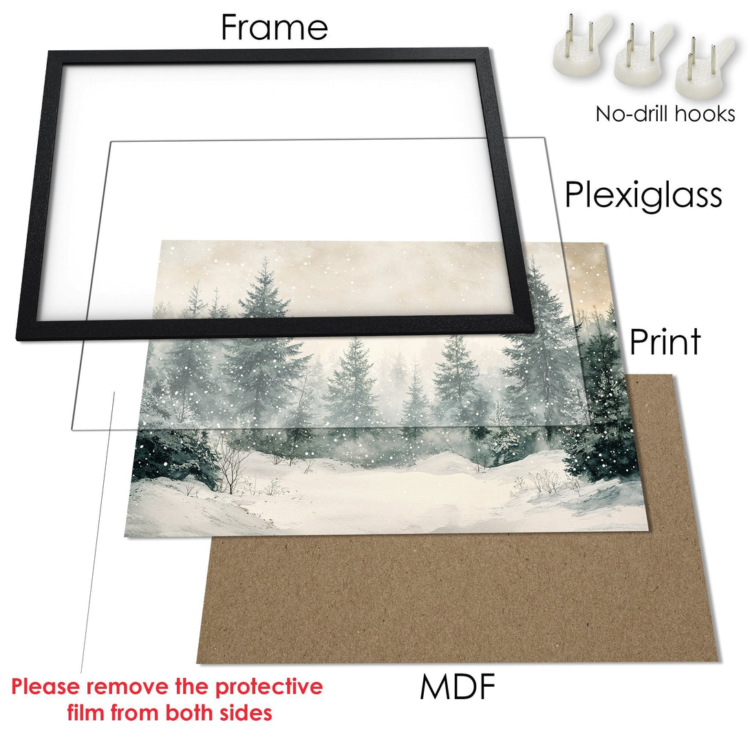 Framed Poster of a winter forest scene in watercolor style, featuring a serene, muted color palette. Ready to hang!