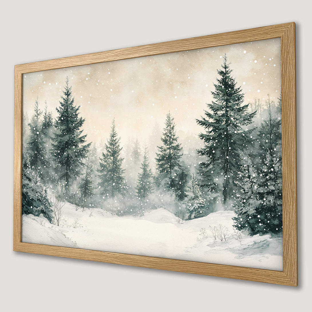 Framed Poster of a winter forest scene in watercolor style with a muted green and beige color palette. Perfect for cozy decor.