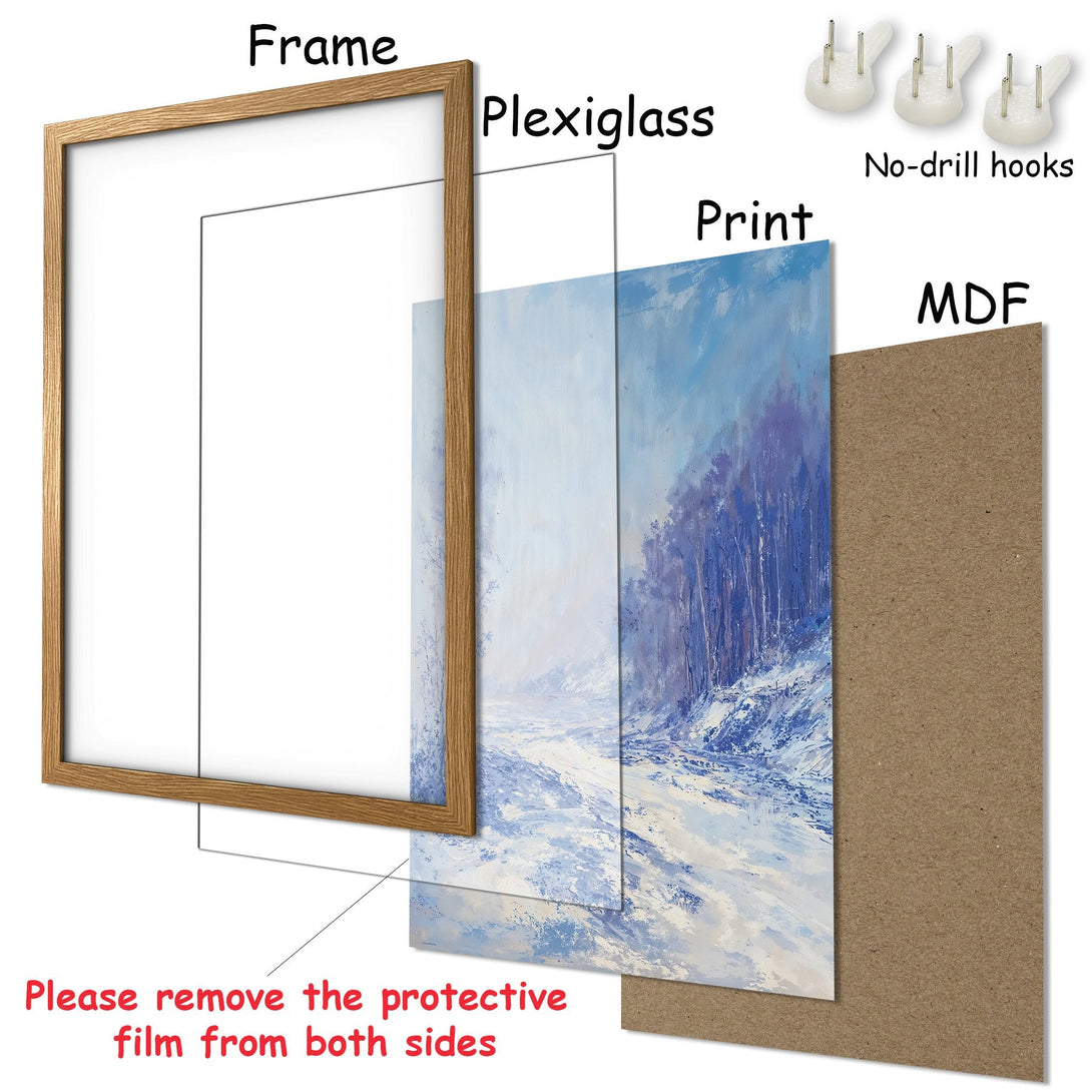 Framed Poster with a winter landscape painting in blue and white tones. Ready to hang art for your home.