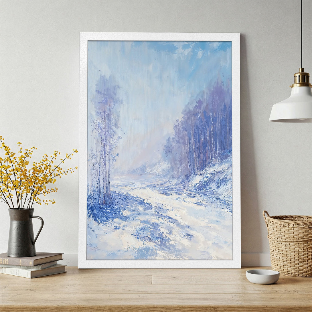 Framed Poster of a winter landscape painting in blue and white. Perfect for adding a touch of serenity to your home decor.