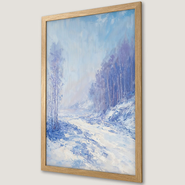 Framed Poster of a winter landscape painting in blue and white hues. Artistic style, perfect for home decor.