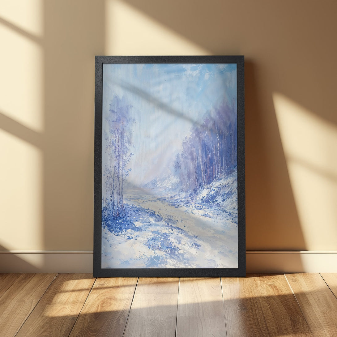 Framed Poster of a winter landscape painting in cool blue and white tones. Perfect wall art for your home!