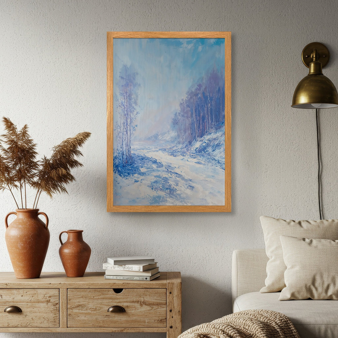 Framed Poster featuring a winter landscape painting, showcasing a serene, blue and white color palette. Perfect wall art!