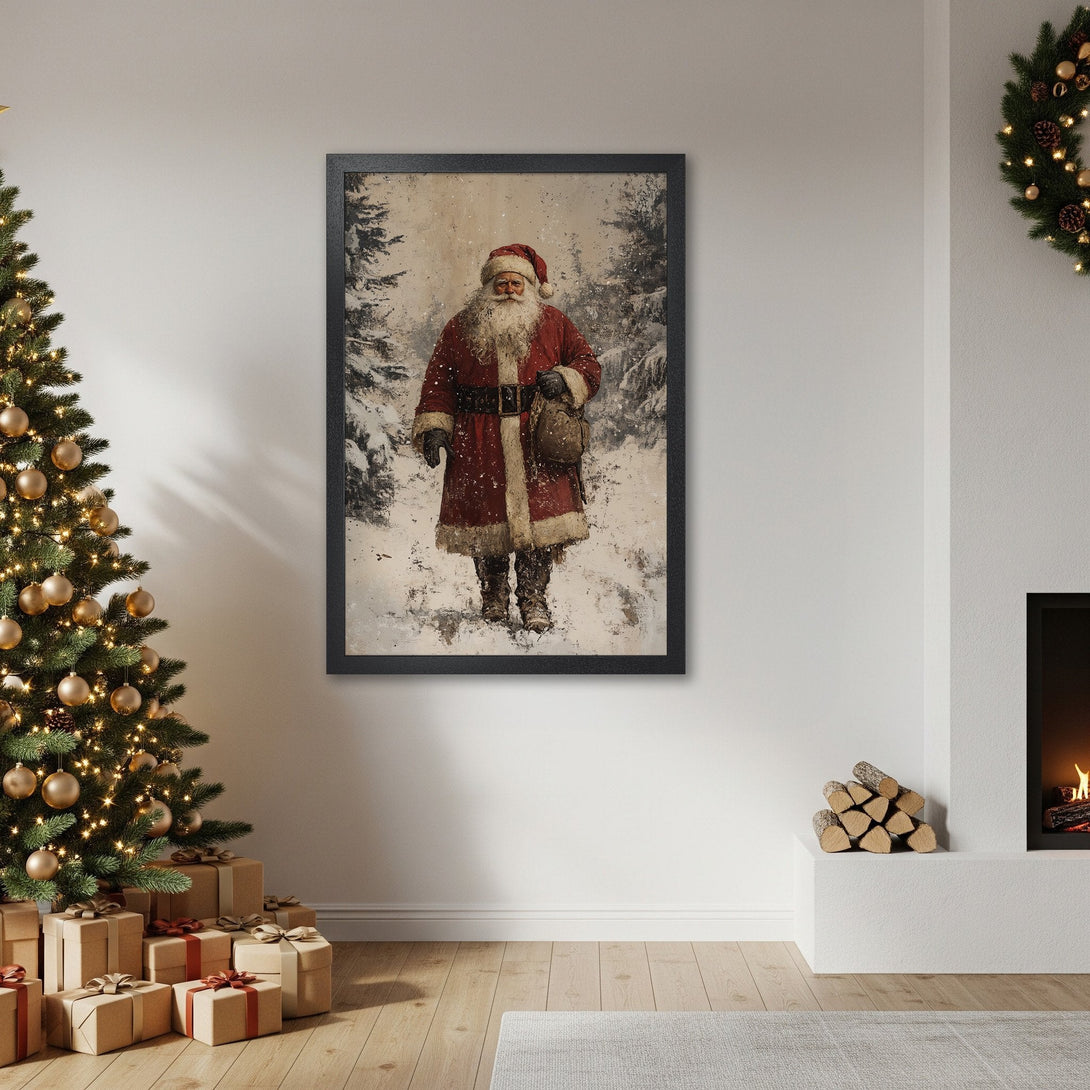 Framed Poster featuring Santa Claus in a vintage style, with a red and white color palette, perfect for Christmas decor.
