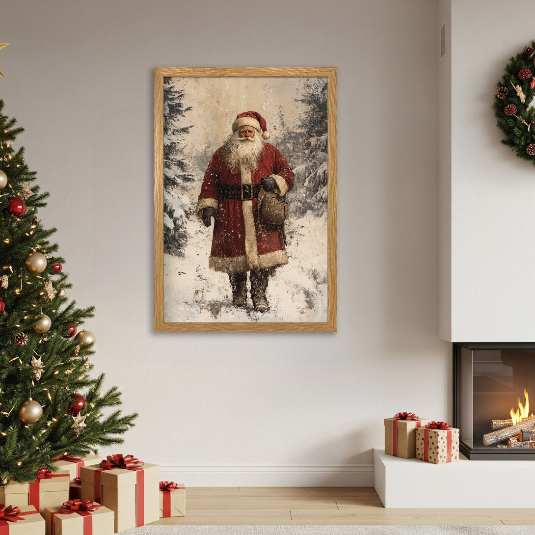 Framed Poster featuring Santa Claus in a snowy forest. Vintage style, with a warm red and neutral color palette. Perfect Christmas decor!