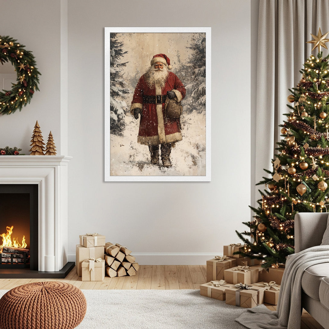 Framed Poster featuring Santa Claus in a vintage style, with a red and white color palette perfect for Christmas decor.