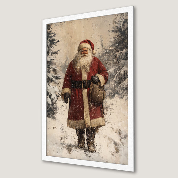 Framed Poster featuring Santa Claus in a vintage style, with a red and white color palette, perfect for Christmas decor.