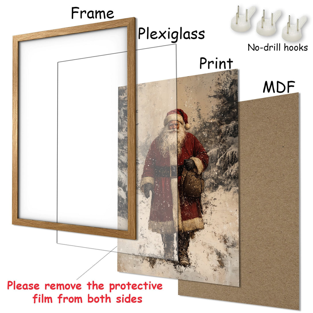 Framed Poster featuring Santa Claus in a vintage style, with a warm red and beige color palette. Perfect Christmas decor!