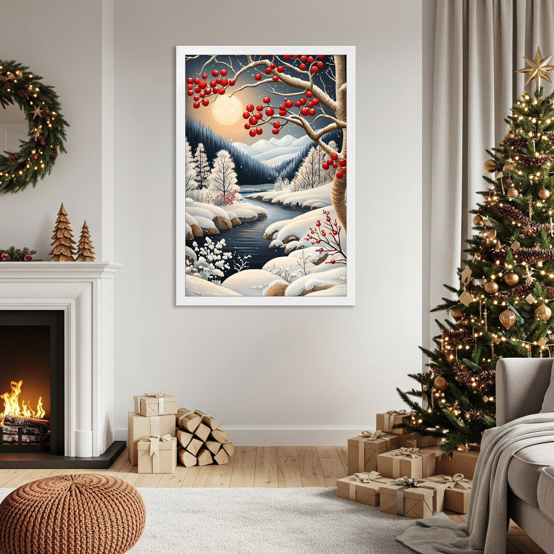 Framed Poster featuring a winter landscape with a river, vibrant red berries, and a cool blue and white palette. Perfect holiday decor!