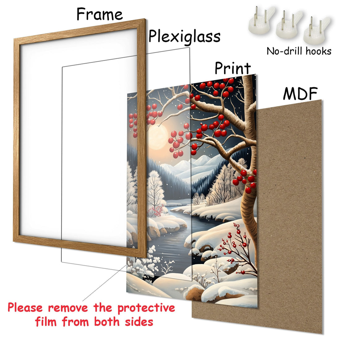 Framed Poster of a winter landscape with a warm color palette. Features a snowy scene with red berries. Perfect wall art!