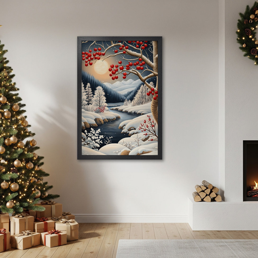 Framed Poster featuring a winter landscape with red berries, in a serene, cool-toned color palette. Perfect holiday decor!
