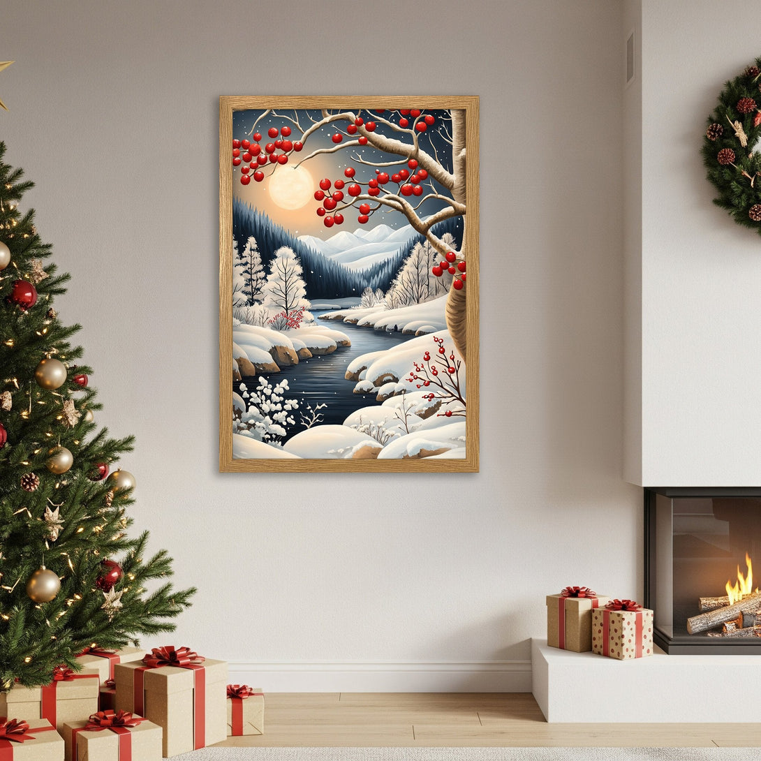 Framed Poster of winter landscape with red berries, serene style, and cool blue/white palette. Perfect holiday decor.